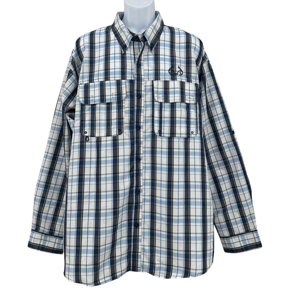 REALTREE Fishing Performance Shirt Pro Series Blue Plaid Button Front Men's XXL